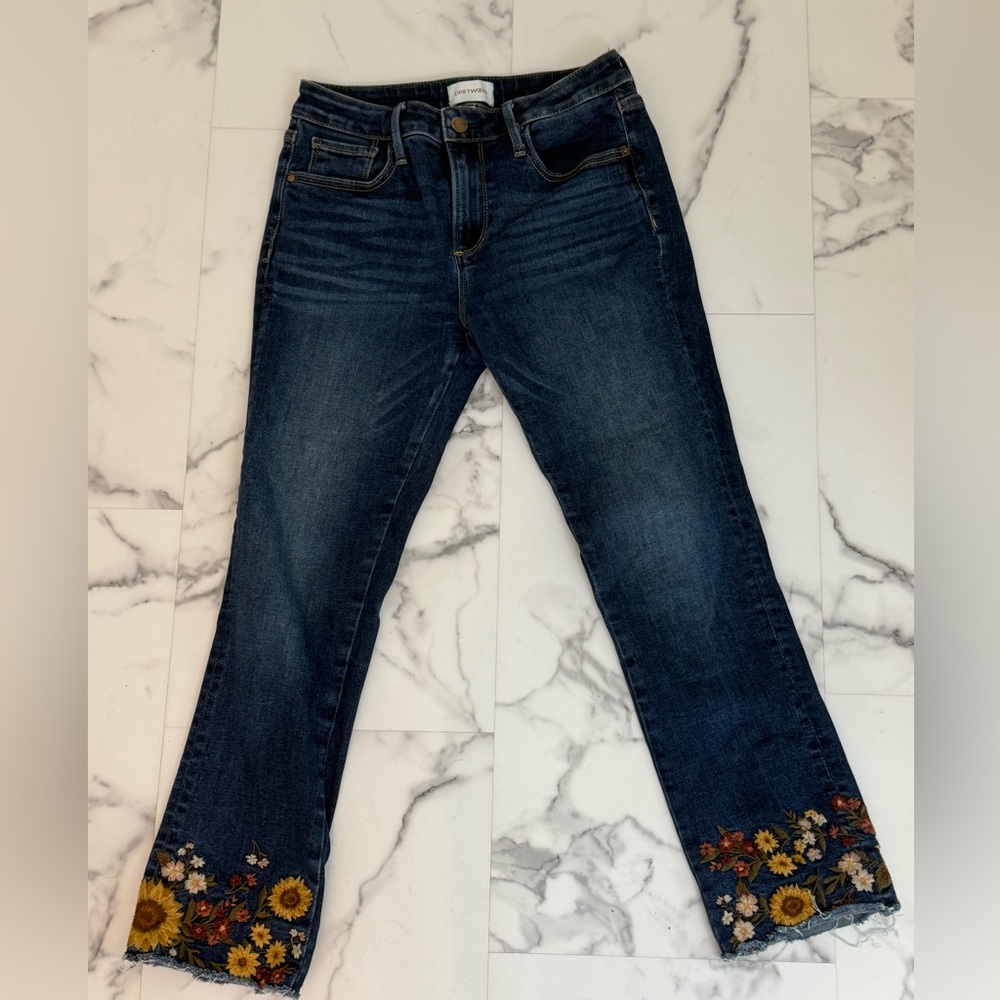 DRIFTWOOD Blue Straight Leg Jeans with Embroidered Flowers